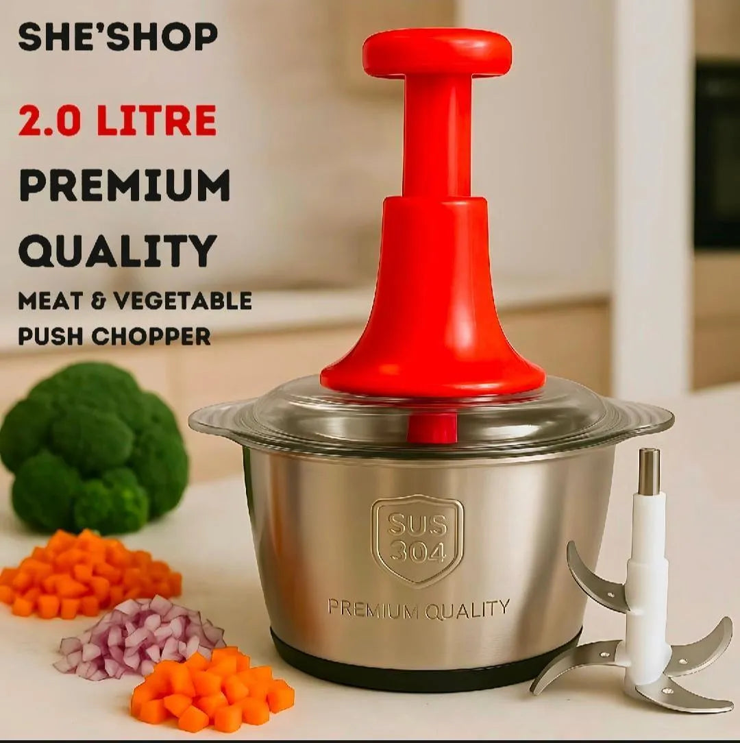 2L Manual Meat & Vegetable Push Chopper – Stainless Steel Bowl